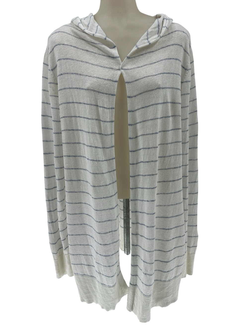 Cynthia Rowley Linen Blend Hooded Open Cardigan Sweater XL White Navy Striped